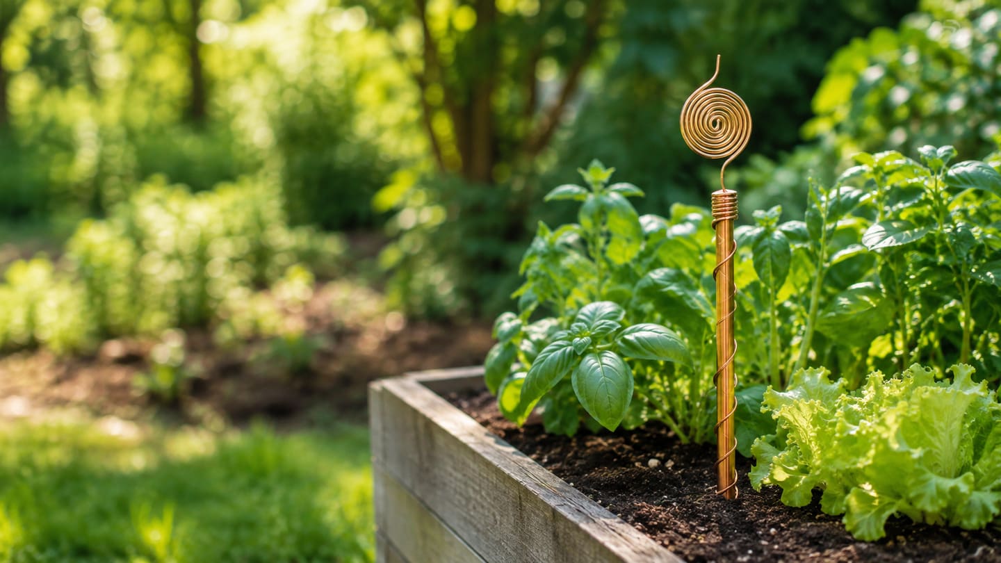 A garden antenna beside basil and lettuce — synthetic photograph